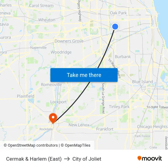 Cermak & Harlem (East) to City of Joliet map