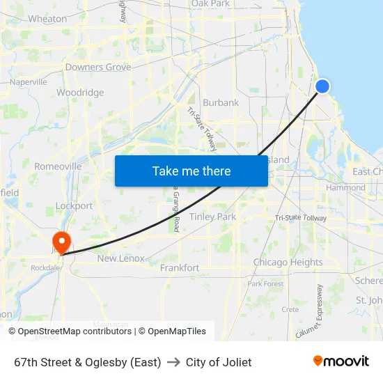 67th Street & Oglesby (East) to City of Joliet map