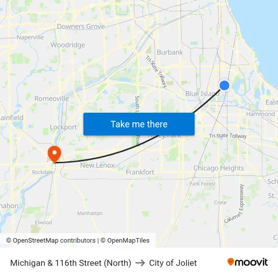 Michigan & 116th Street (North) to City of Joliet map