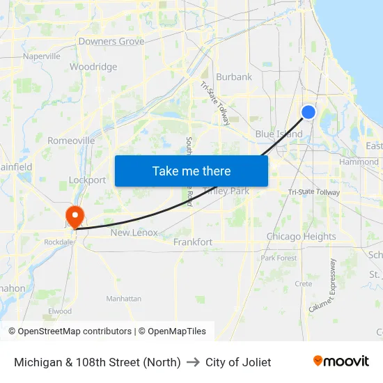 Michigan & 108th Street (North) to City of Joliet map