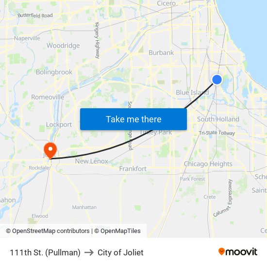 111th St. (Pullman) to City of Joliet map