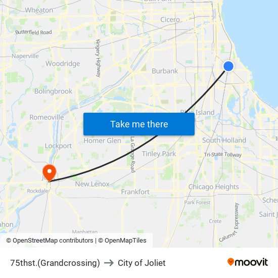 75thst.(Grandcrossing) to City of Joliet map