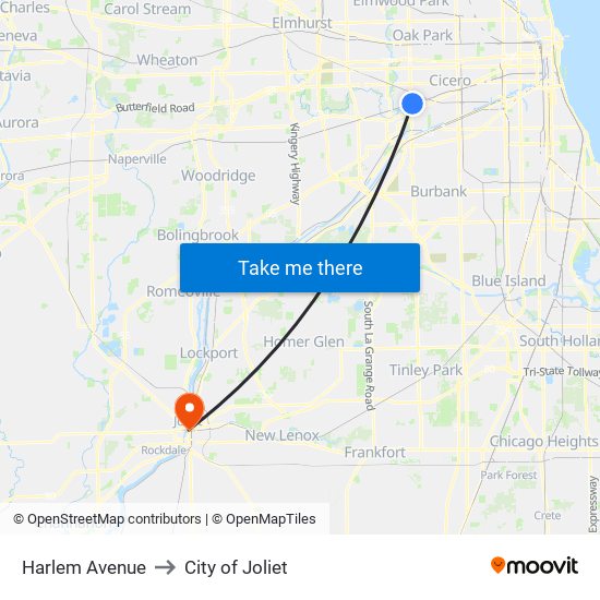 Harlem Avenue to City of Joliet map