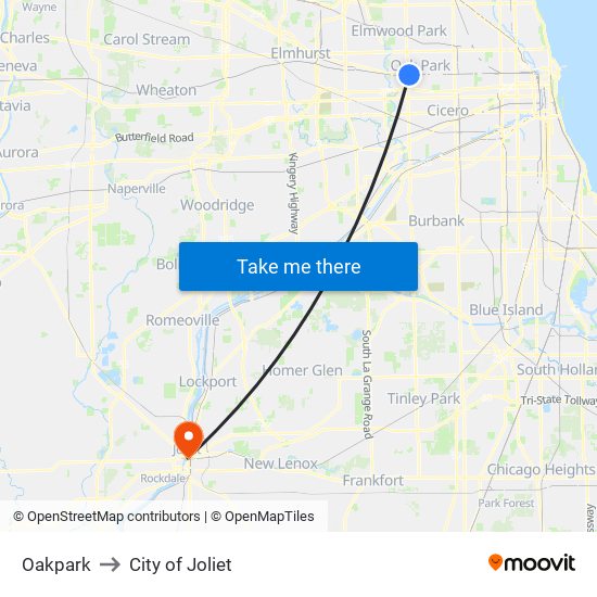 Oakpark to City of Joliet map