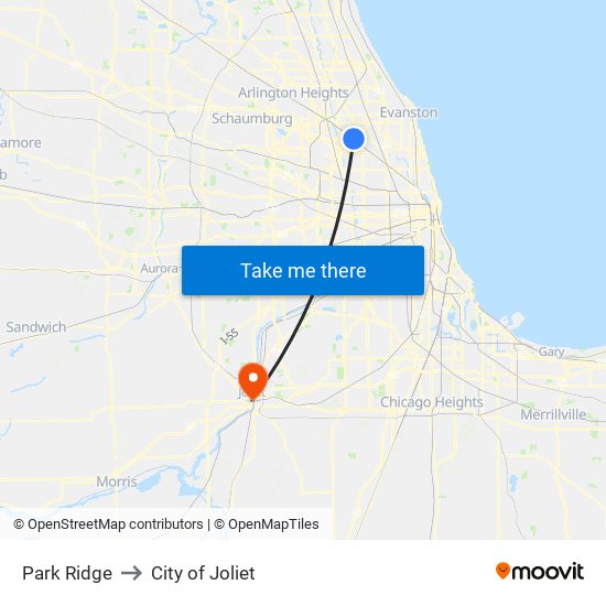 Park Ridge to City of Joliet map