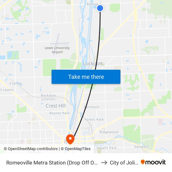 Romeoville Metra Station (Drop Off Only) to City of Joliet map