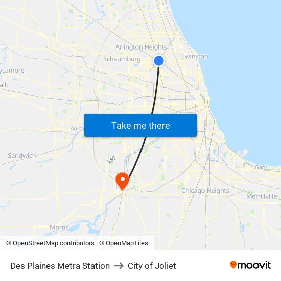 Des Plaines Metra Station to City of Joliet map