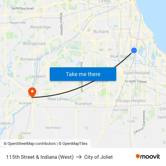 115th Street & Indiana (West) to City of Joliet map