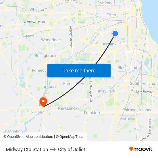 Midway Cta Station to City of Joliet map