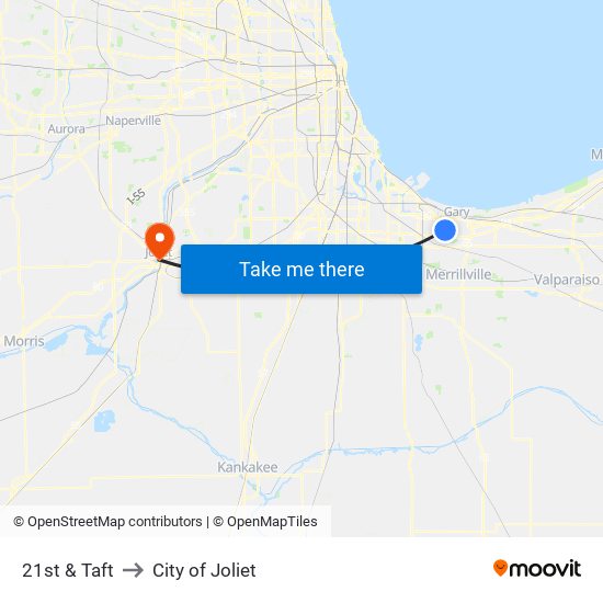 21st & Taft to City of Joliet map