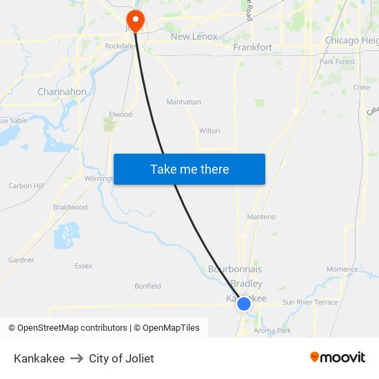 Kankakee to City of Joliet map