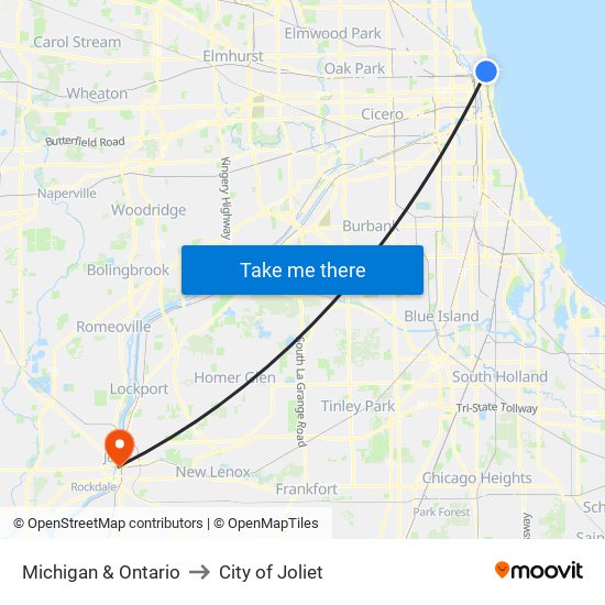 Michigan & Ontario to City of Joliet map