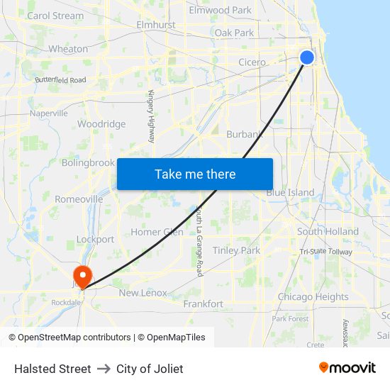 Halsted Street to City of Joliet map