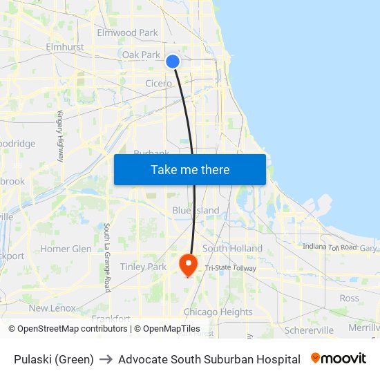 Pulaski (Green) to Advocate South Suburban Hospital map