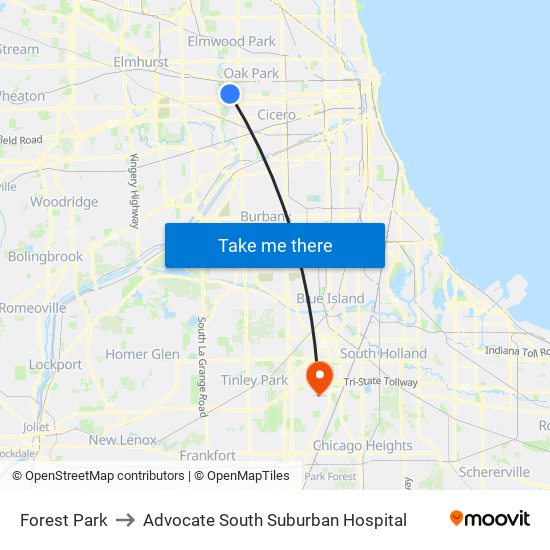 Forest Park to Advocate South Suburban Hospital map