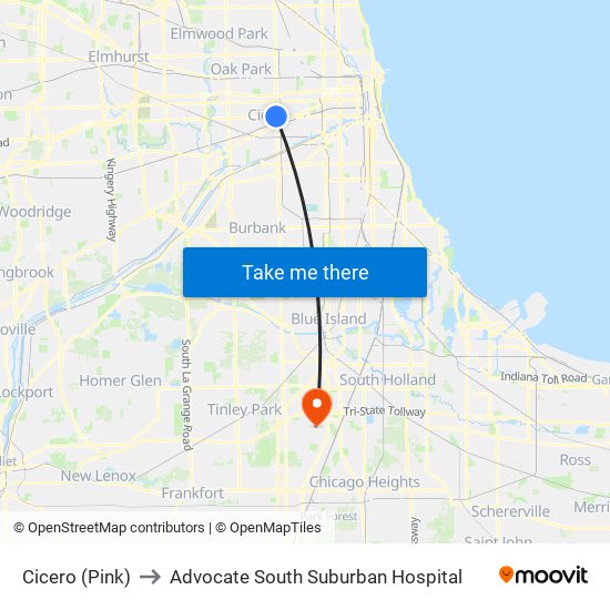 Cicero (Pink) to Advocate South Suburban Hospital map