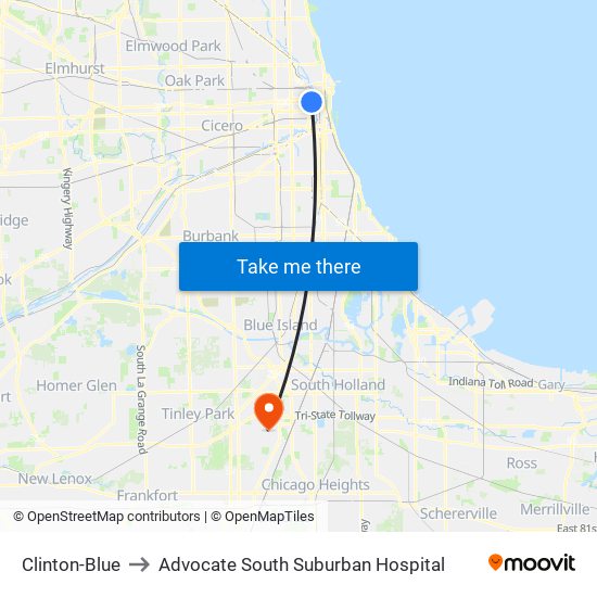 Clinton-Blue to Advocate South Suburban Hospital map