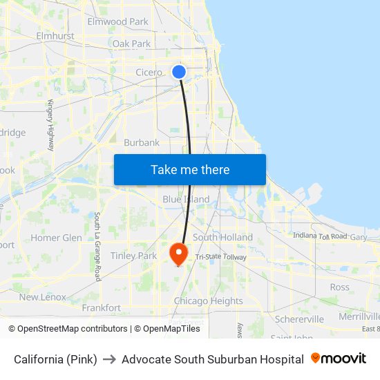 California (Pink) to Advocate South Suburban Hospital map