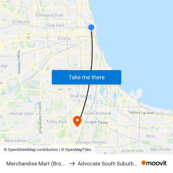 Merchandise Mart (Brown/Purple) to Advocate South Suburban Hospital map