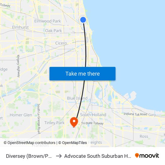 Diversey (Brown/Purple) to Advocate South Suburban Hospital map