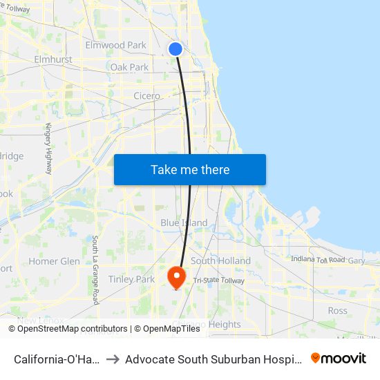 California-O'Hare to Advocate South Suburban Hospital map