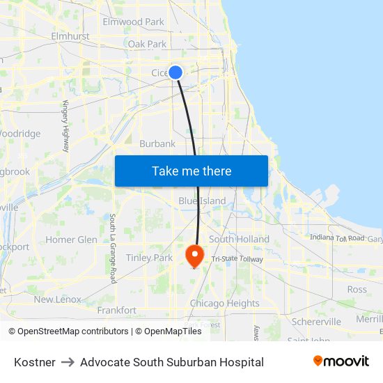 Kostner to Advocate South Suburban Hospital map
