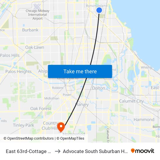 East 63rd-Cottage Grove to Advocate South Suburban Hospital map