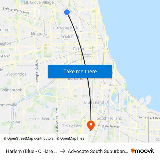 Harlem (Blue - O'Hare Branch) to Advocate South Suburban Hospital map