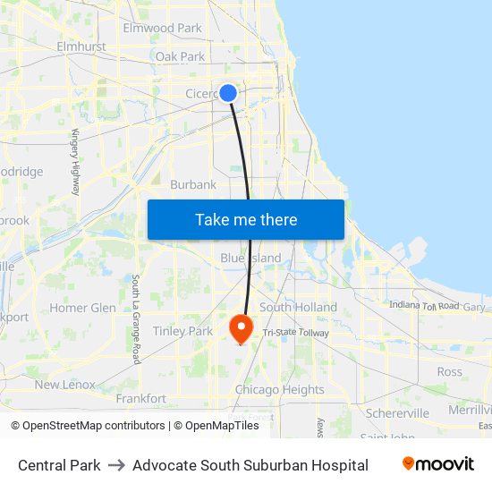 Central Park to Advocate South Suburban Hospital map