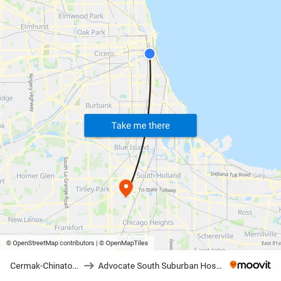 Cermak-Chinatown to Advocate South Suburban Hospital map