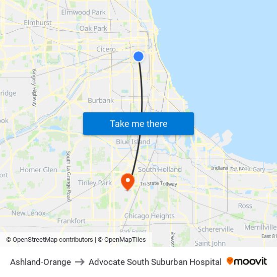 Ashland-Orange to Advocate South Suburban Hospital map