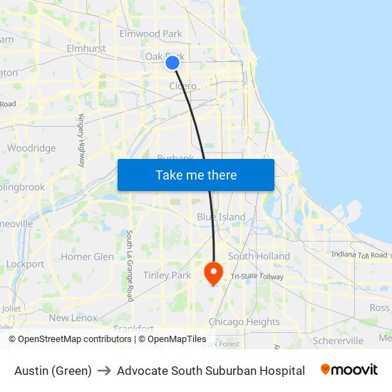 Austin (Green) to Advocate South Suburban Hospital map