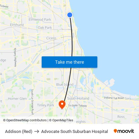 Addison (Red) to Advocate South Suburban Hospital map