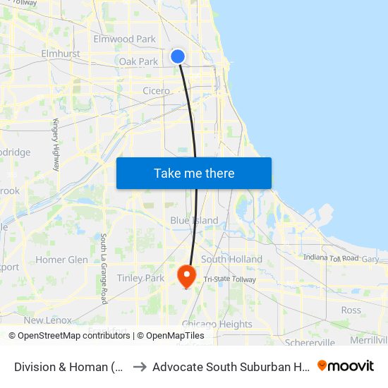 Division & Homan (West) to Advocate South Suburban Hospital map