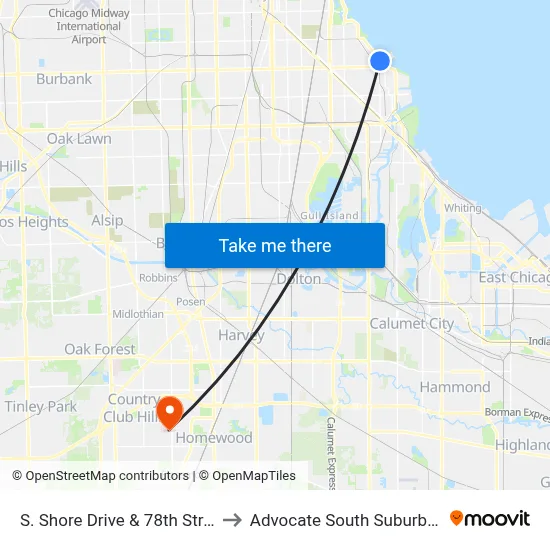 S. Shore Drive & 78th Street (South) to Advocate South Suburban Hospital map