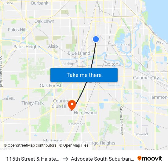 115th Street & Halsted (East) to Advocate South Suburban Hospital map