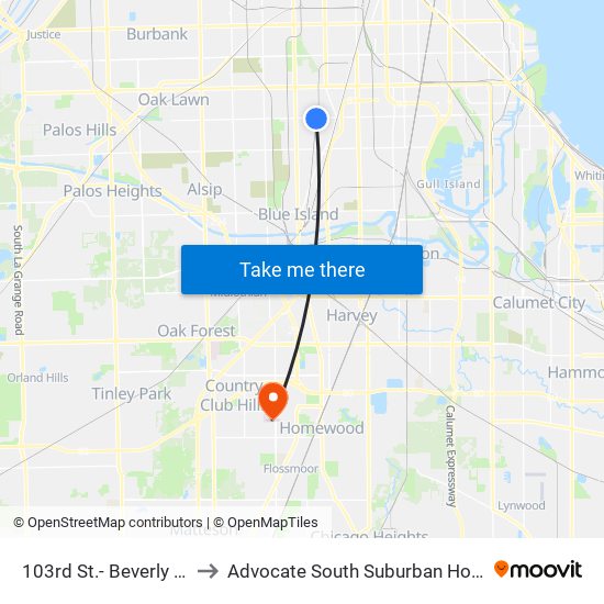 103rd St.- Beverly Hills to Advocate South Suburban Hospital map