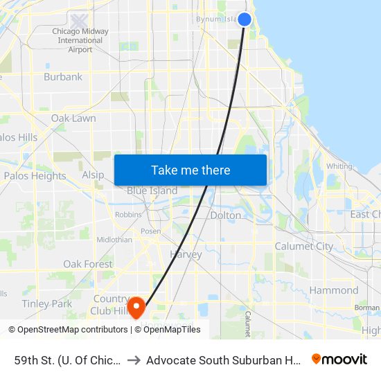 59th St. (U. Of Chicago) to Advocate South Suburban Hospital map