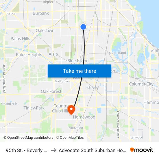 95th St. - Beverly Hills to Advocate South Suburban Hospital map