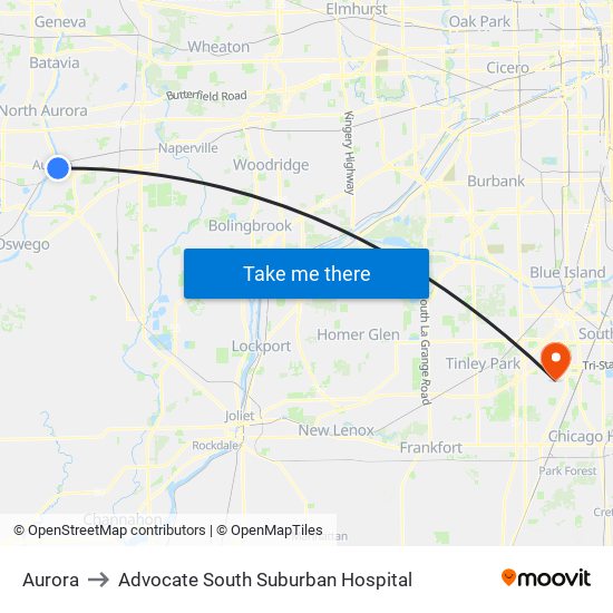 Aurora to Advocate South Suburban Hospital map