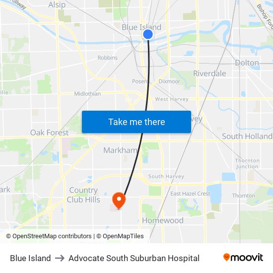Blue Island to Advocate South Suburban Hospital map