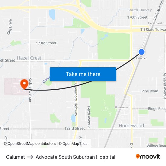 Calumet to Advocate South Suburban Hospital map