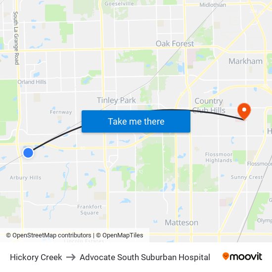 Hickory Creek to Advocate South Suburban Hospital map