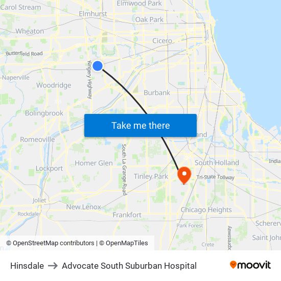 Hinsdale to Advocate South Suburban Hospital map