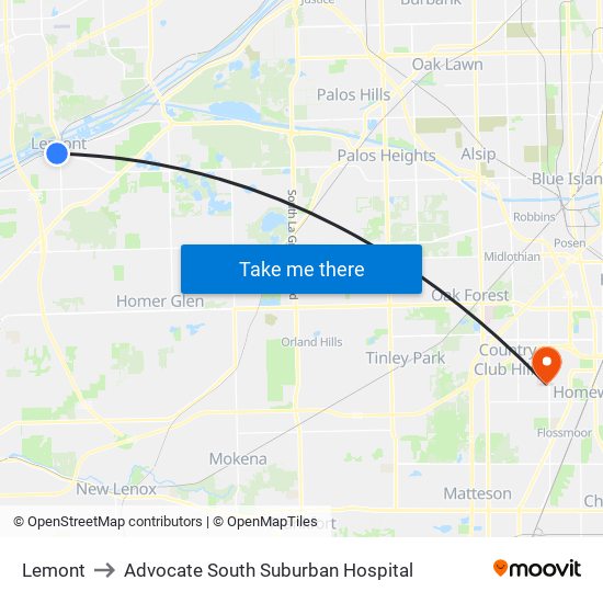 Lemont to Advocate South Suburban Hospital map