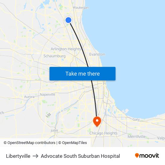 Libertyville to Advocate South Suburban Hospital map