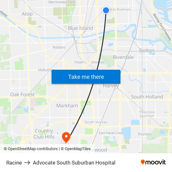 Racine to Advocate South Suburban Hospital map