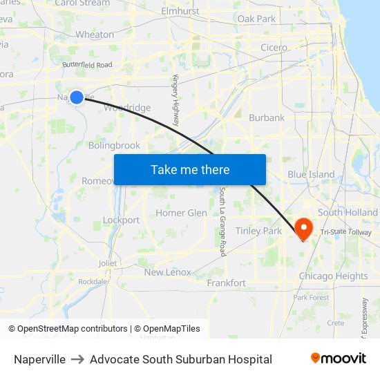 Naperville to Advocate South Suburban Hospital map