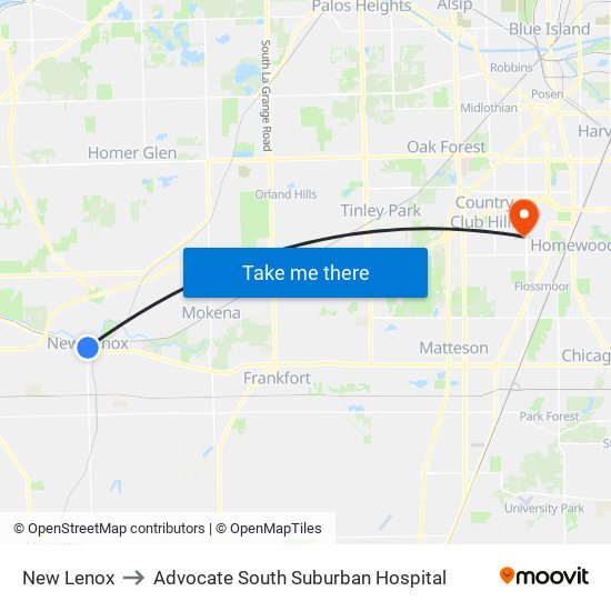 New Lenox to Advocate South Suburban Hospital map