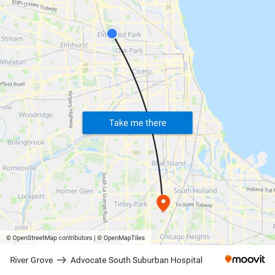 River Grove to Advocate South Suburban Hospital map